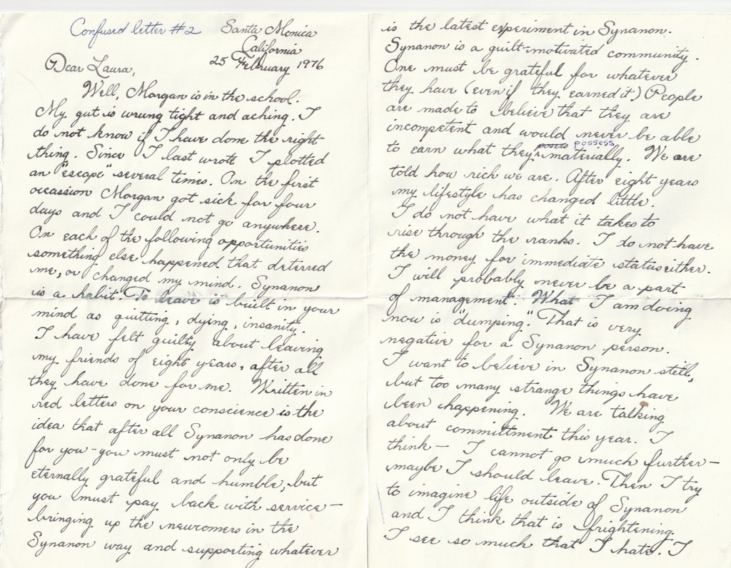 Cynthia's handwritten letter to her sister